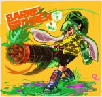  :d blue_footwear english_text green_eyes green_hair heavy_splatling_(splatoon) ikumi_(iq3) ink ink_tank_(splatoon) inkling inkling_girl smile splatoon_(series) splatoon_1 suction_cups sweater tentacle_hair yellow_background 