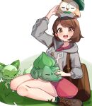  1girl :d absurdres backpack bag blush bob_cut boots brown_bag brown_eyes brown_footwear brown_hair bulbasaur buttons cable_knit cardigan clothed_pokemon collared_dress commentary_request dress gloria_(pokemon) grass green_headwear green_socks grey_cardigan hat highres hooded_cardigan on_head on_lap open_mouth pink_dress plaid_socks pokemon pokemon_(creature) pokemon_(game) pokemon_on_head pokemon_on_lap pokemon_swsh rowlet short_hair sitting smile socks sprigatito tam_o&#039;_shanter teeth tongue upper_teeth_only ziro_(zirorong) 