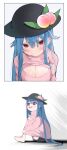  1girl absurdres black_headwear black_shorts blue_hair blush_stickers cleavage_cutout clothing_cutout highres hinanawi_tenshi knees_up looking_at_viewer meme_attire multiple_views open-chest_sweater peach_hat_ornament pink_sweater red_eyes ribbed_sweater shorts sitting smile sweater touhou tsune_(tune) 