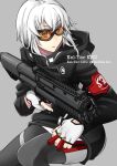  1girl armband black_hoodie bullpup fingerless_gloves girls&#039;_frontline glasses gloves gun highres hood hoodie kel-tec_ksg ksg_(girls&#039;_frontline) nakiusagi pump_action red_armband shotgun shotgun_shell trigger_discipline weapon white_gloves white_hair 