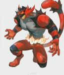  1boy abs absurdres bara bulge claws colored_sclera fire from_side full_body furry furry_male highres horikwawataru huge_eyebrows incineroar large_pectorals looking_ahead male_focus muscular muscular_male nipples outstretched_arms pectorals personification pokemon pokemon_(creature) pyrokinesis sharp_teeth solo spread_arms stomach tail_raised teeth yellow_sclera 