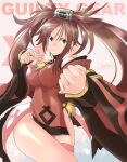  1girl breasts brown_eyes brown_hair china_dress chinese_clothes dress fighting_stance guilty_gear guilty_gear_xrd hair_rings highres impossible_clothes impossible_dress kuradoberi_jam large_breasts long_hair long_sleeves looking_at_viewer mariebell red_dress wide_sleeves 