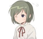 1girl aged_down buttons closed_mouth collared_shirt colored_eyelashes commentary expressionless green_hair kagerou_project kido_tsubomi koyon looking_up neck_ribbon one_eye_closed purple_eyes red_ribbon ribbon shirt short_hair simple_background solo sweat swept_bangs symbol-only_commentary upper_body white_background white_shirt 