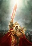  adeptus_custodes armor cape cloud dark_clouds emperor_of_mankind gold_armor holding holding_sword holding_weapon huge_weapon lutherniel monochrome_background red_cape sword warhammer_40k weapon 