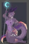 absurd_res anthro breasts claws collar darkened_genitalia darkened_pussy female genitals hi_res holding_object horn jewelry jewelry_only koachellla kobold looking_at_viewer melee_weapon nipples non-mammal_breasts non-mammal_nipples nude pussy reptile scalie simple_background solo staff tail weapon 