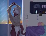  anthro bedroom blind female invalid_background itsokhidden male male/male mammal morning mustelid open_mouth otter piercing solo stretching yawn 