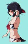  1girl absurdres adelie_penguin_(kemono_friends) appleq bare_arms bare_shoulders bikini black_bikini black_hair blue_background blush breasts cleavage closed_mouth commentary_request hand_up highres kemono_friends kemono_friends_3 medium_breasts multicolored_hair navel penguin_tail red_eyes red_hair side-tie_bikini_bottom simple_background solo swimsuit tail two-tone_bikini two-tone_hair watch white_bikini wristwatch 