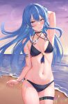  1girl absurdres arm_up beach bikini black_bikini blue_eyes blue_hair blue_nails blush breasts choker collarbone cowboy_shot floating_hair gradient_sky highres hololive hoshimachi_suisei long_hair navel ocean parted_lips shinigami_kiraki sky small_breasts solo star_(symbol) star_in_eye stomach sunset swimsuit symbol_in_eye thigh_strap thighs virtual_youtuber wet 