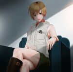  1girl absurdres bags_under_eyes blonde_hair boots chair closed_mouth crossed_legs dead_by_daylight feet_out_of_frame flashlight heather_mason highres jacket legs lips looking_at_viewer miniskirt pencil_skirt short_hair silent_hill_(series) silent_hill_3 simple_background sitting skirt sleeveless sleeveless_turtleneck smile solo suzusiron turtleneck vest white_background wristband 