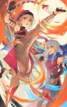  2girls :d :o anocurry bare_shoulders black_gloves blue_scarf bracelet braid dress elbow_gloves fingerless_gloves fire_emblem fire_emblem:_radiant_dawn fire_emblem_engage framme_(fire_emblem) gloves grey_hair hair_ribbon half_updo hat high_kick highres jewelry kickboxing kicking long_hair martial_arts micaiah_(fire_emblem) multiple_girls open_mouth pants ribbon scarf side_slit sleeveless sleeveless_dress smile wrist_guards yellow_eyes 