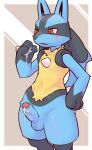  anthro balls black_body blue_body blush bodily_fluids cum cum_on_hand cum_on_penis foreskin generation_4_pokemon genital_fluids genitals hi_res humanoid_genitalia humanoid_penis lucario male nintendo open_mouth penis pokemon pokemon_(species) pu_sukebe red_eyes solo yellow_body 