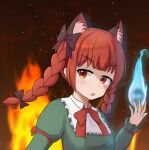  1048334293 1girl absurdres animal_ear_fluff animal_ears black_background blunt_bangs bow bowtie cat_ears commentary extra_ears fire highres hitodama kaenbyou_rin long_sleeves looking_at_viewer open_mouth red_bow red_bowtie red_eyes red_hair simple_background solo touhou upper_body 