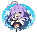  1girl :&lt; antenna_hair black_necktie black_socks blue_background blue_eyes blue_hair blue_skirt blush breasts chibi collarbone collared_shirt commentary_request dress_shirt floral_background full_body fuyou-chan gradient_hair highres large_breasts long_hair long_sleeves looking_at_viewer milkpanda multicolored_hair navel necktie no_shoes original parted_lips purple_hair shirt short_eyebrows skirt sleeves_past_fingers sleeves_past_wrists sock_pull socks solo standing standing_on_one_leg thick_eyebrows triangle_mouth two-tone_background very_long_hair white_background white_shirt 