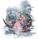  1girl anat_(granblue_fantasy) animal_ears breasts cleavage feathers granblue_fantasy green_hair horns long_hair minaba_hideo official_art partially_submerged rabbit_ears sitting third-party_source transparent_background water 