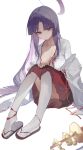  1girl absurdres blue_archive hakama halo highres japanese_clothes long_hair looking_at_viewer miko panties purple_eyes purple_hair purple_halo red_hakama simple_background solo underwear white_background white_panties yukari_(blue_archive) zombie_ke 