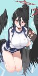  !? 1girl absurdres bare_legs black_choker black_hair black_wings blue_archive blush breasts choker feathered_wings gubbi_on gym_shirt gym_uniform hair_between_eyes halo hasumi_(blue_archive) hasumi_(track)_(blue_archive) highres jacket kneeling large_breasts long_hair looking_at_viewer mole mole_under_eye official_alternate_costume pointing ponytail red_eyes red_halo shirt shoes sneakers solo track_jacket very_long_hair wings 