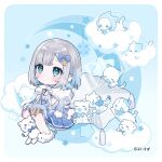  1girl black_ribbon blue_background blue_bow blue_dress blue_eyes blush bow cat chibi dress grey_hair hair_bow highres jikuno original ribbon sitting solo white_cat white_footwear 