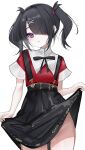  1girl absurdres ame-chan_(needy_girl_overdose) black_hair black_ribbon black_skirt blunt_bangs blush breath closed_mouth clothes_lift collared_shirt commentary_request cowboy_shot hair_ornament hair_over_one_eye hair_tie highres lifted_by_self light_smile looking_at_viewer neck_ribbon needy_girl_overdose no_panties purple_eyes pussy_juice red_shirt ribbon rifufu shirt shirt_tucked_in simple_background skirt skirt_lift solo standing suspender_skirt suspenders sweatdrop twintails white_background x_hair_ornament 