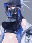  1girl absurdres bare_shoulders baseball_cap black_hair black_headwear black_shirt blue_archive blue_eyes breasts colored_inner_hair grey_background hair_between_eyes halo hat highres jacket jacket_partially_removed kurou_(bcrow) long_hair looking_at_viewer mask medium_breasts midriff mouth_mask multicolored_hair navel open_clothes open_jacket saori_(blue_archive) shirt simple_background sleeveless sleeveless_shirt solo turtleneck white_jacket 
