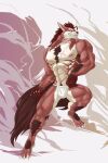  anthro body_hair canid canine capcom chest_hair clenched_teeth dungeons_and_dragons grin hasbro hi_res huge_sword lee_(zark) male mammal monster_hunter muscular red_body red_eyes scar smile solo tail teeth tribe warrior weapon were werecanid werecanine werewolf wizards_of_the_coast wristband 