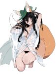  1girl absurdres animal_ear_fluff animal_ears arms_up black_eyes black_hair black_panties breasts e.g.o_(project_moon) fox_ears fox_girl fox_tail genderswap genderswap_(mtf) highres leaf leaf_on_head limbus_company lollollloobo long_hair looking_at_viewer panties project_moon simple_background solo squatting tail tongue tongue_out underwear very_long_hair water_drop wet wet_clothes white_background yi-sang_(limbus_company) 