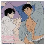  2boys abs artist_name bara bare_pectorals bed blush collared_shirt couple grey_male_underwear grey_shirt instagram_username kashikahaya large_pectorals looking_at_another lying male_focus male_underwear multiple_boys muscular muscular_male nipples on_back on_bed open_clothes open_shirt original pectorals pillow scar scar_on_cheek scar_on_face shirt smile twitter_username underwear upper_body white_shirt yaoi 