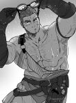  1boy :o abs adjusting_eyewear arm_hair arms_up back_hair bara bare_pectorals beard belt chest_hair crave_saga cross_scar facial_hair feet_out_of_frame giganto_(crave_saga) goggles goggles_on_head greyscale hairy highres large_pectorals looking_at_viewer male_focus masapeko mature_male monochrome muscular muscular_male open_overalls overalls pectorals scar scar_on_cheek scar_on_face short_hair solo stubble sweat thick_eyebrows 