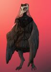  anthro avian beak bone clothed clothing empty_eye_sockets feathered_wings feathers female front_view full-length_portrait grey_body grey_clothing grey_feathers hi_res lionfloof portrait red_background signature simple_background skull skull_head solo standing wings 