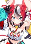  1girl animal_ear_fluff animal_ears arm_up bare_shoulders black_collar black_gloves black_hair blue_eyes blue_sleeves breasts claw_pose cleavage collar commentary crop_top detached_sleeves dice_hair_ornament gloves grin hair_between_eyes hair_ornament hakos_baelz hakos_baelz_(1st_costume) hand_up highres hololive hololive_english kutata layered_sleeves long_sleeves looking_at_viewer medium_breasts midriff mouse_ears mouse_girl mouse_tail mousetrap multicolored_clothes multicolored_hair multicolored_skirt nail_polish navel pink_nails puffy_long_sleeves puffy_sleeves red_hair red_sleeves shirt short_over_long_sleeves short_sleeves simple_background single_glove skirt sleeves_past_wrists smile solo spiked_collar spikes strapless strapless_shirt streaked_hair tail twintails virtual_youtuber white_background white_hair white_shirt white_skirt white_sleeves yellow_sleeves 