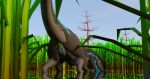  3d_(artwork) allosaurid allosaurus anus blazerwolfy digital_media_(artwork) dinosaur drinking female feral genitals grass hi_res lake open_mouth partially_submerged plant pond pussy raised_tail rear_view reptile scalie solo tail theropod tongue tongue_out tree ziina 