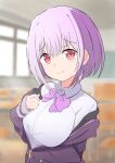  1girl absurdres blurry blurry_background blush bow bowtie breasts classroom closed_mouth collared_shirt commentary_request gridman_universe hand_on_own_chest highres indoors jacket large_breasts light_purple_hair long_sleeves looking_at_viewer off_shoulder partially_unzipped purple_bow purple_bowtie purple_hair purple_jacket red_eyes sevlhd_hero shinjou_akane shirt short_hair sidelocks smile solo ssss.gridman upper_body white_shirt 