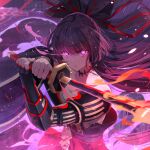  1girl arm_guards benghuai_xueyuan fire flaming_sword flaming_weapon glowing glowing_eyes hair_ribbon hokushin_mei holding holding_weapon honkai_(series) katana long_hair official_art purple_eyes purple_hair ribbon sarashi solo sword third-party_source weapon 