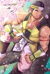  1boy arm_guards bara black_hair bran_(crave_saga) cherry_blossoms crave_saga eating food food_on_face forehead_protector highres holding holding_food in_tree male_focus muscular muscular_male ninja onigiri pectoral_cleavage pectorals pelvic_curtain short_hair sideburns sitting sitting_in_tree solo suamaru tree 