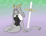  5:4 abstract_background anthro antlers big_ears blue_eyes bottomless bracelet clothed clothing club_(weapon) female fur grey_body grey_fur hi_res horn jackalope jameslow jewelry lagomorph mammal melee_weapon nightstick pseudoregalia solo sybil_(pseudoregalia) weapon wide_hips 