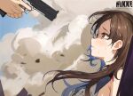  aiming at_gunpoint blood blue_necktie brown_eyes brown_hair collared_shirt colored_inner_hair commander_(nikke) copyright_name crying dust_cloud goddess_of_victory:_nikke gun holding holding_gun holding_weapon injury long_hair looking_at_another marian_(nikke) multicolored_hair necktie shirt sleeveless sleeveless_shirt streaming_tears tears weapon white_shirt xiduoch 