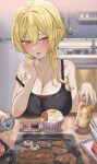  1girl absurdres bare_shoulders beer_can blonde_hair blush breasts can cleavage cooking drunk food genshin_impact grilling hair_between_eyes highres large_breasts looking_at_viewer lumine_(genshin_impact) o-los open_mouth short_hair short_hair_with_long_locks sidelocks solo tank_top yellow_eyes 