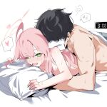  1boy 1girl absurdres ahoge alarm_clock black_hair blue_archive blush clock commentary green_eyes halo hanako_(blue_archive) heart hetero highres implied_sex long_hair pillow pink_hair plentyofempty smile spoken_heart spoken_zzz sweat symbol-only_commentary zzz 