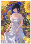  1girl absurdres alternate_costume bare_shoulders black_hair blue_hair blunt_bangs bob_cut breasts cleavage collarbone commentary_request cowboy_shot dress earrings flower genshin_impact gradient_background green_eyes highres jewelry large_breasts off-shoulder_dress off_shoulder outdoors short_hair short_sleeves skirt_hold solo standing sunflower white_dress xiayou_sieg yelan_(genshin_impact) 