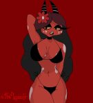  absurd_res bikini black_hair breasts clothed clothing demon demon_humanoid female hair helluva_boss hi_res horn humanoid imp mature_female moxxie&#039;s_mother open_mouth partially_clothed simple_background solo swimwear teeth theplagueart thick_thighs tongue 
