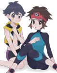  2boys :o antenna_hair bike_shorts black_hair blush bodysuit brown_eyes brown_hair closed_mouth collarbone commentary_request covered_collarbone elio_(pokemon) hand_up highres looking_at_viewer male_focus multiple_boys nate_(pokemon) navel open_clothes open_mouth open_vest pokemon pokemon_(game) pokemon_bw2 pokemon_sm red_footwear red_headwear sana_(37pisana) shoes short_hair sitting smile vest visor_cap wetsuit yellow_vest 
