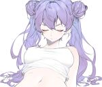  1girl 99ar99lf absurdres blush breasts camisole closed_eyes closed_mouth covered_nipples double-parted_bangs double_bun facing_viewer hair_bun highres long_hair medium_breasts navel original purple_hair simple_background sketch solo stomach upper_body white_background white_camisole 