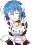  1girl absurdres animal_print bell black_skirt blue_hair blush breasts brown_eyes cleavage closed_mouth cow_girl cow_horns cow_print cow_tail cowbell embarrassed highres horns jacket jashin-chan_dropkick large_breasts looking_away minos_(jashin-chan_dropkick) neck_bell print_jacket shirt short_hair simple_background skirt solo tail track_jacket white_background white_shirt yuuki_shushu 