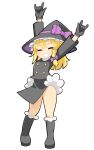  1girl \m/ arms_up black_coat black_footwear black_gloves black_headwear black_skirt blonde_hair blush boots bow braid buttons closed_eyes coat commentary_request cookie_(touhou) flat_chest full_body gloves grin hair_bow hat hat_bow hospital_king kirisame_marisa long_hair medium_bangs purple_bow rei_(cookie) simple_background single_braid skirt smile solo standing textless_version touhou white_background witch_hat 