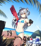  1girl ahoge aiming_at_viewer bare_arms bare_legs bare_shoulders beach bikini black_choker black_footwear black_gloves black_ribbon blue_bikini blue_sky blush breasts bucket can choker closers expressionless fingerless_gloves full_body gloves grey_hair gun hair_ribbon handgun hands_up highres holding holding_gun holding_weapon ice ice_cube leaf long_hair looking_at_viewer navel no_pupils ocean official_art orange_eyes outdoors outstretched_arm ribbon sand sandals shade sky small_breasts solo splashing squatting stomach swimsuit tent thigh_strap tina_(closers) tire two_side_up v-shaped_eyebrows water water_gun weapon 