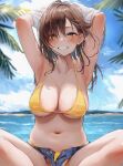  1girl armpits arms_up bikini bikini_under_clothes blue_sky blush breasts brown_eyes brown_hair cleavage commentary_request day denim denim_shorts grin hair_over_one_eye half-closed_eyes highres large_breasts long_hair looking_ahead looking_at_viewer navel nekomugiharu open_fly original outdoors paid_reward_available palm_tree short_shorts shorts sitting sky smile solo straight-on swimsuit tree undressing wet yellow_bikini 
