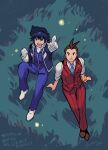  2boys :d ace_attorney antenna_hair apollo_justice aqua_necktie arms_at_sides black_hair blue_jacket blue_jumpsuit bracelet brown_footwear brown_hair buttons clay_terran clenched_teeth collared_jacket collared_shirt from_above gloves highres jacket jewelry jumpsuit lapel_pin lapels long_sleeves looking_at_viewer looking_up male_focus multiple_boys necktie on_grass open_clothes open_jacket pants pocket pointing pointing_at_viewer pointing_up pokeno255 red_pants red_suit red_vest shirt short_hair sitting sleeve_cuffs sleeves_rolled_up smile spiked_hair suit teeth translation_request twitter_username vest visor_cap white_footwear white_gloves white_shirt 