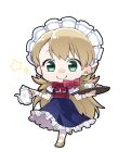  1girl alternate_costume asymmetrical_bangs chibi cup dress fire_emblem fire_emblem_heroes green_eyes high_heels holding holding_teapot holding_tray kishiro_azuhito maid sharena_(fire_emblem) teacup teapot tray 