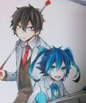  1boy 1girl :d alternate_costume aqua_hair asahimachi black_eyes black_hair black_sweater blazer blue_bow blue_bowtie blue_eyes blue_hair blue_sweater bow bowtie closed_mouth commentary_request double-parted_bangs empty_eyes ene_(kagerou_project) facial_mark frown gradient_hair grey_jacket hair_between_eyes holding holding_stick jacket kagerou_project kisaragi_shintarou long_bangs long_sleeves looking_at_viewer multicolored_hair necktie open_clothes open_jacket photo_(medium) red_necktie shirt sleeves_past_fingers sleeves_past_wrists smile stick sweater teeth traditional_media twintails upper_body upper_teeth_only v-neck very_long_sleeves white_shirt 