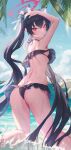  1girl absurdres animal_ear_fluff animal_ears arms_up ass bikini black_bikini black_hair blue_archive blue_sky breasts cat_ears cat_girl closed_mouth cloud commentary_request frilled_bikini frills from_behind hair_between_eyes halo highres kneeling long_hair looking_at_viewer looking_back ocean official_alternate_costume pink_halo red_eyes ri_yonn serika_(blue_archive) serika_(swimsuit)_(blue_archive) sky small_breasts solo sweat swimsuit thighs twintails tying_hair very_long_hair 