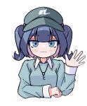  1girl :3 blue_eyes blue_hair blue_shirt blunt_bangs breasts cabbie_hat closed_mouth cropped_torso frilled_shirt_collar frills hair_bobbles hair_ornament hand_up hat highres kawashiro_nitori key long_sleeves looking_at_viewer shirt short_hair simple_background small_breasts solo straight-on teruru_(teruru_kappa) touhou two_side_up upper_body white_background 